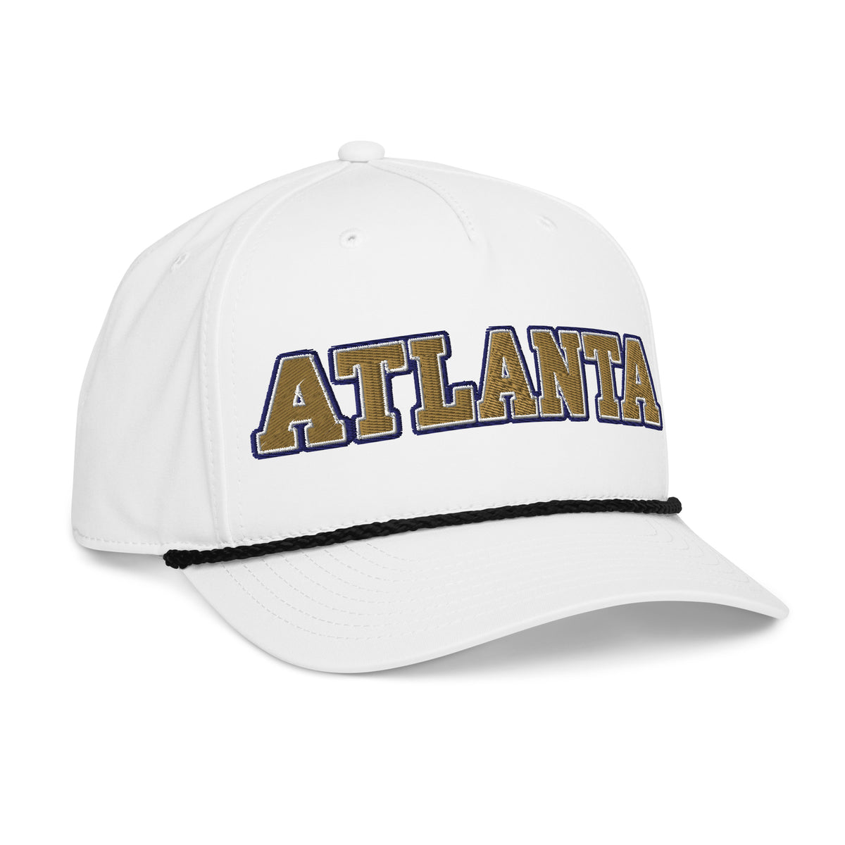 Opposite angled view of white Atlanta rope hat showing gold ATLANTA lettering with white and navy outlines and black rope.