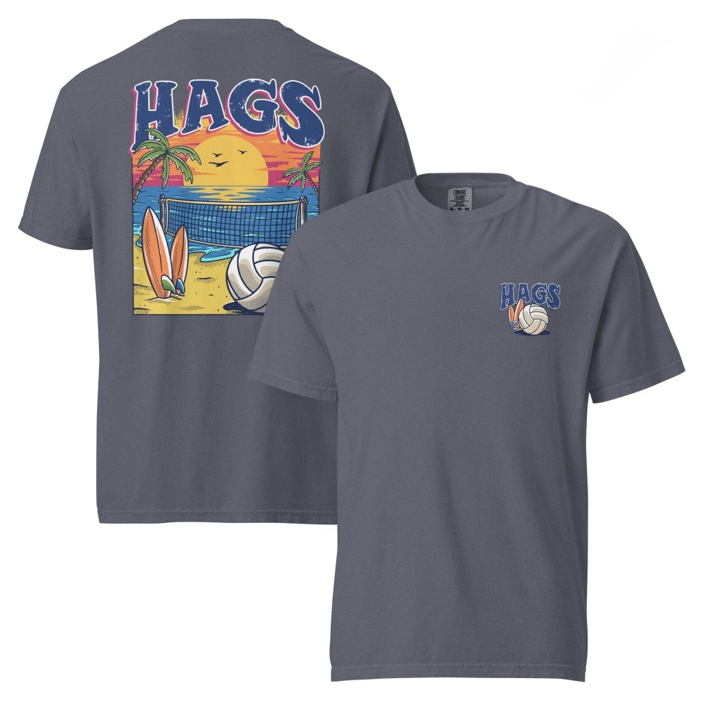 Front and back views of dark denim HAGS beach volleyball sunset T-shirt, showing small HAGS volleyball chest logo and a volleyball, surfboards and beach sunset graphic.