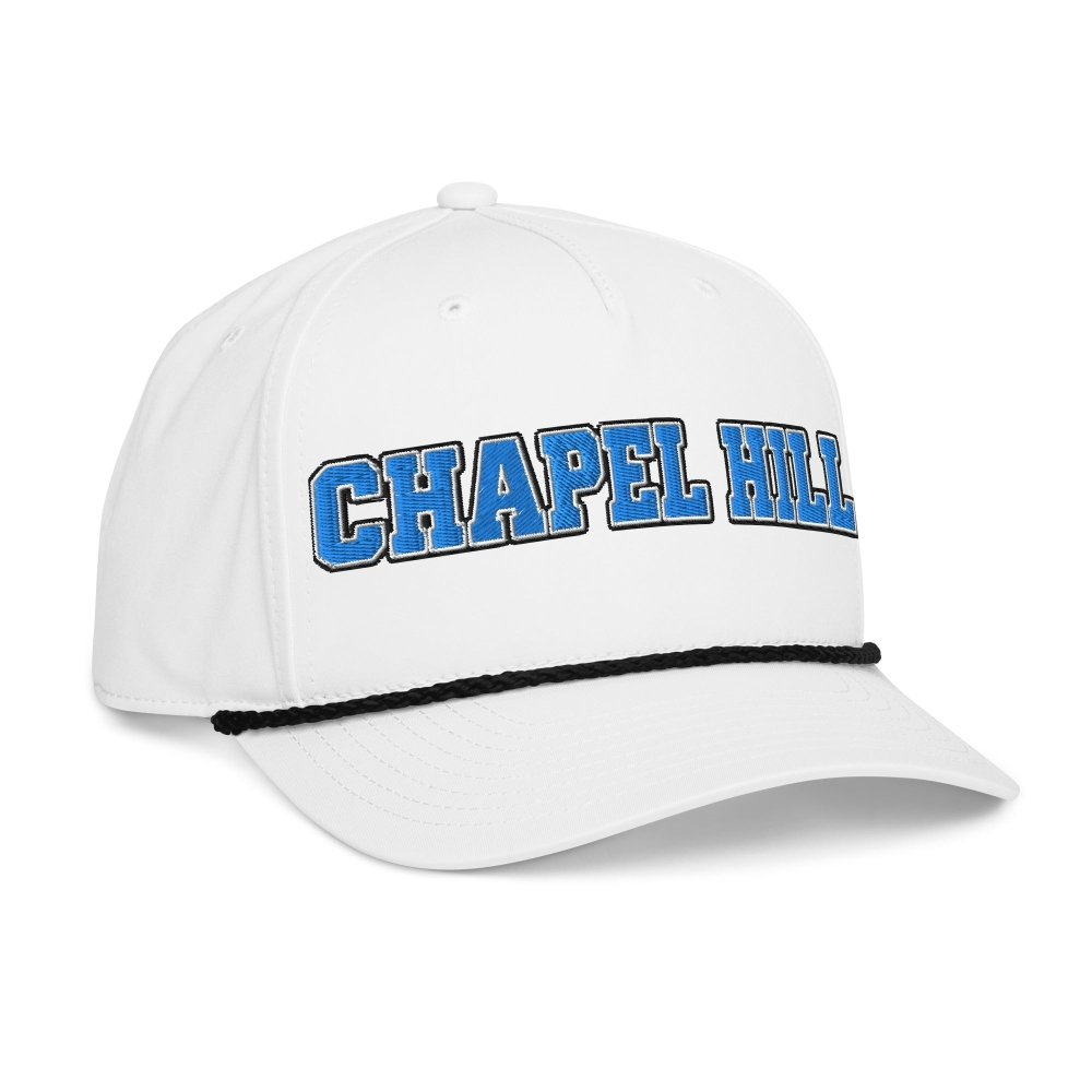 Opposite angled front view of white HAGS Chapel Hill North Carolina rope hat, showing light blue CHAPEL HILL lettering.