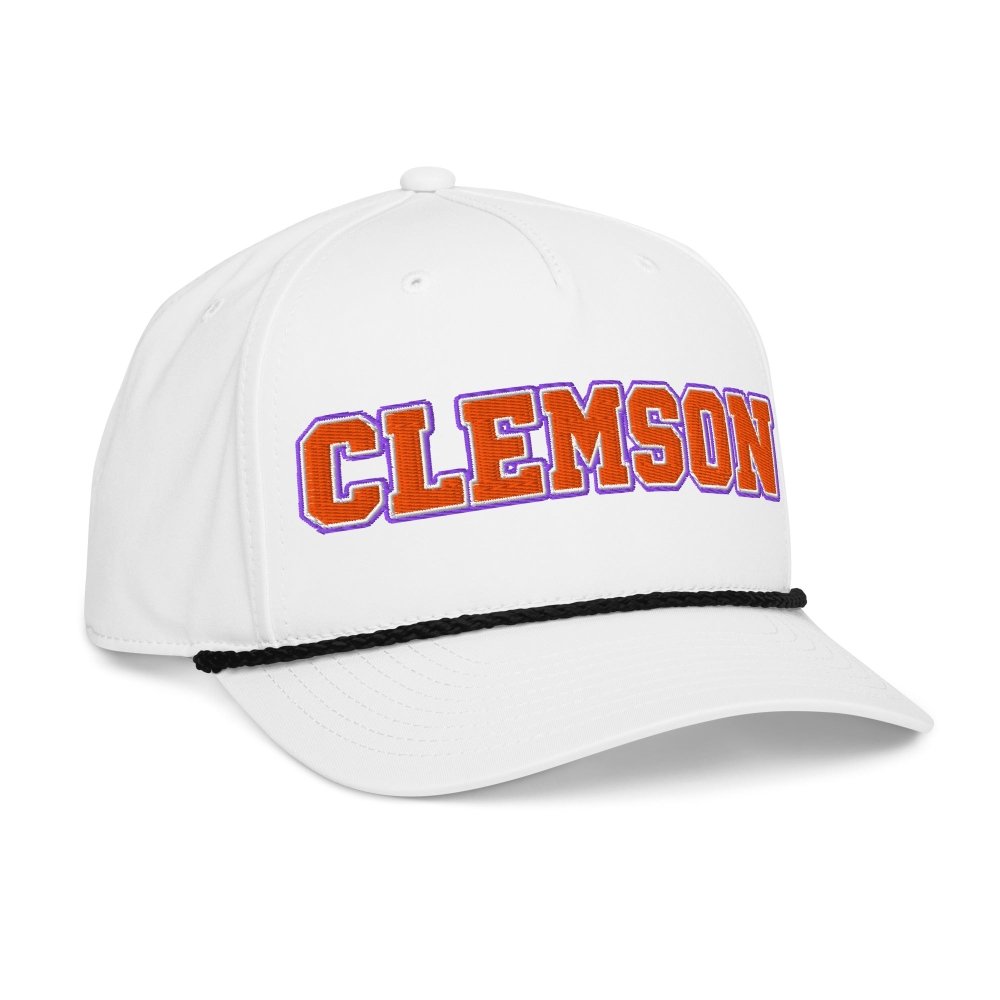 Opposite angled front view of white HAGS Clemson South Carolina rope hat, showing orange and purple CLEMSON lettering.