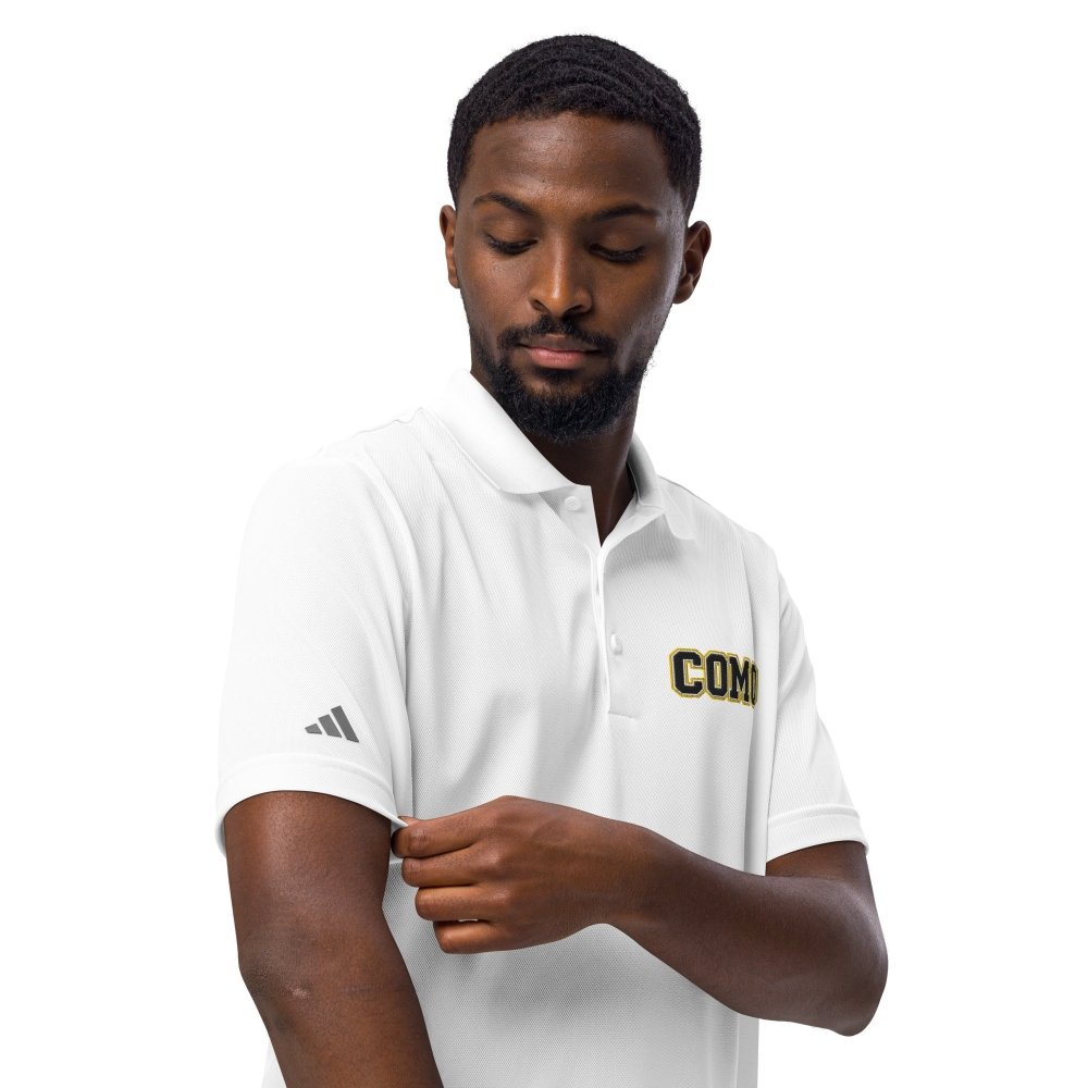 Model wearing a white HAGS COMO Adidas polo with chest embroidery and an Adidas sleeve logo.
