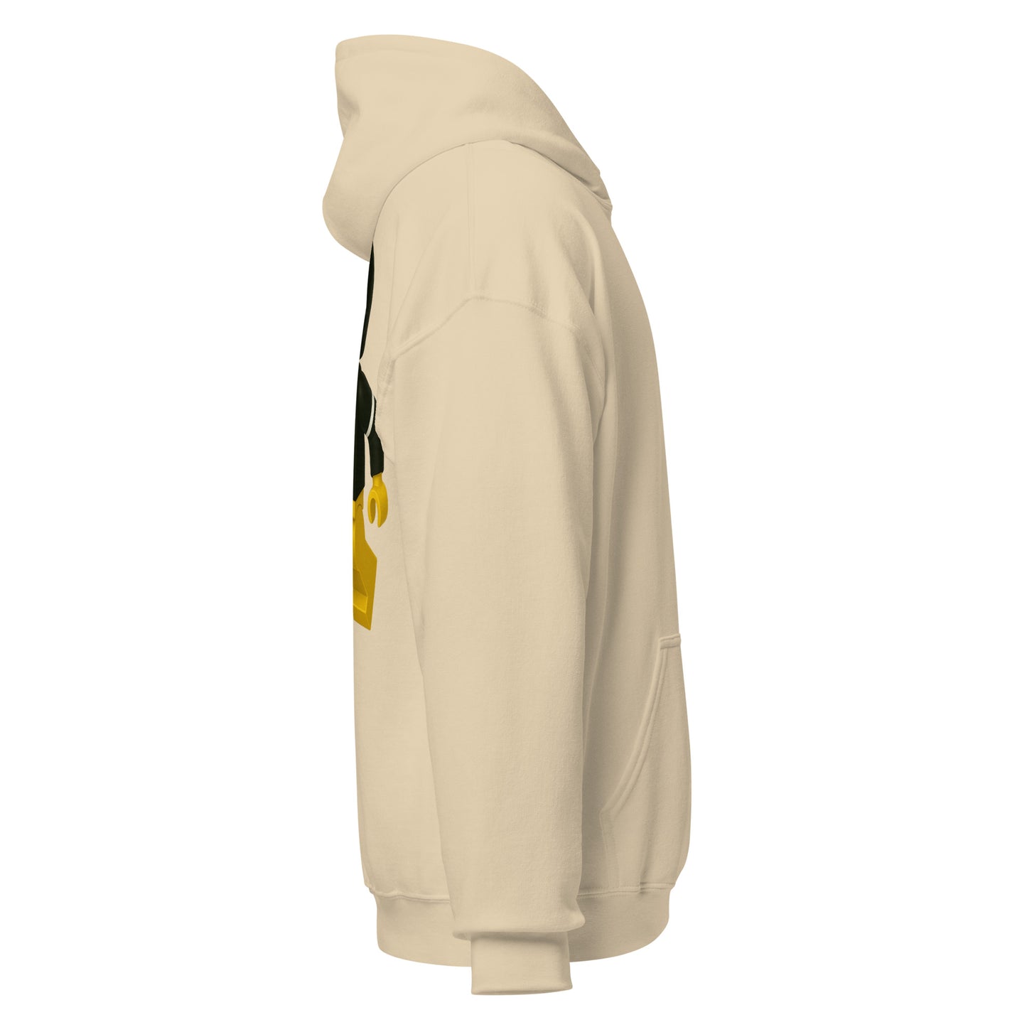 Right-side view of sand HAGS COMO block football figure hoodie.