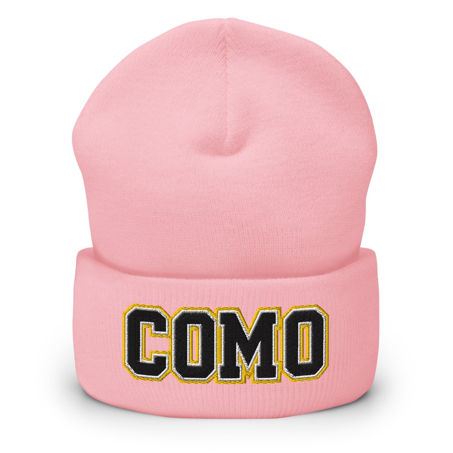 Front view of baby pink HAGS COMO cuffed beanie, showing black and gold COMO lettering on the cuff.