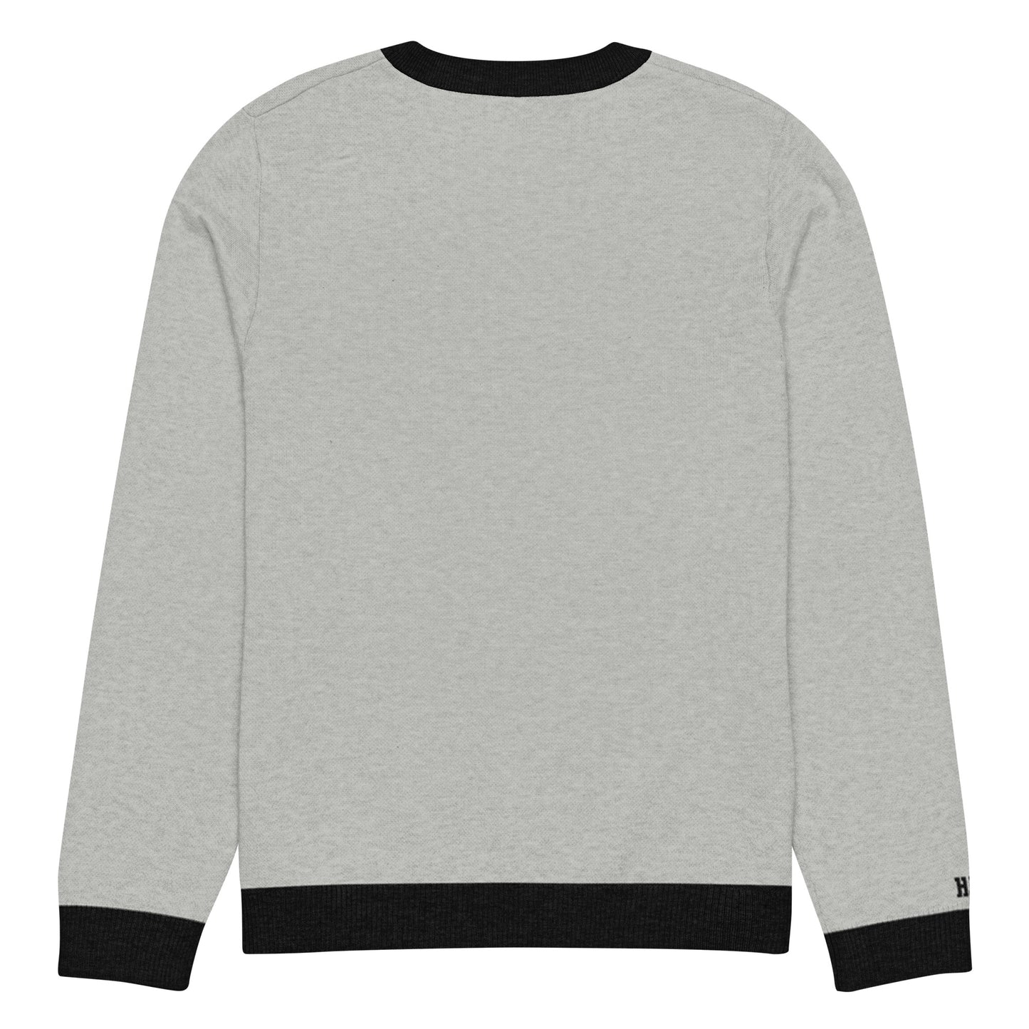 Back view of gray HAGS COMO knit crewneck sweater, showing plain gray knit and black trim.