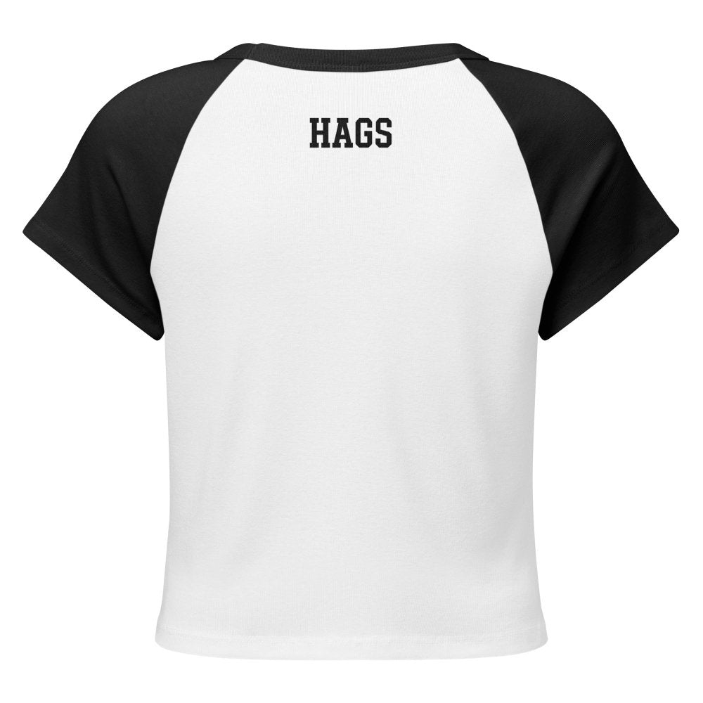 Back view of white and black HAGS COMO Missouri polka dot baby tee, showing small HAGS lettering below the collar.