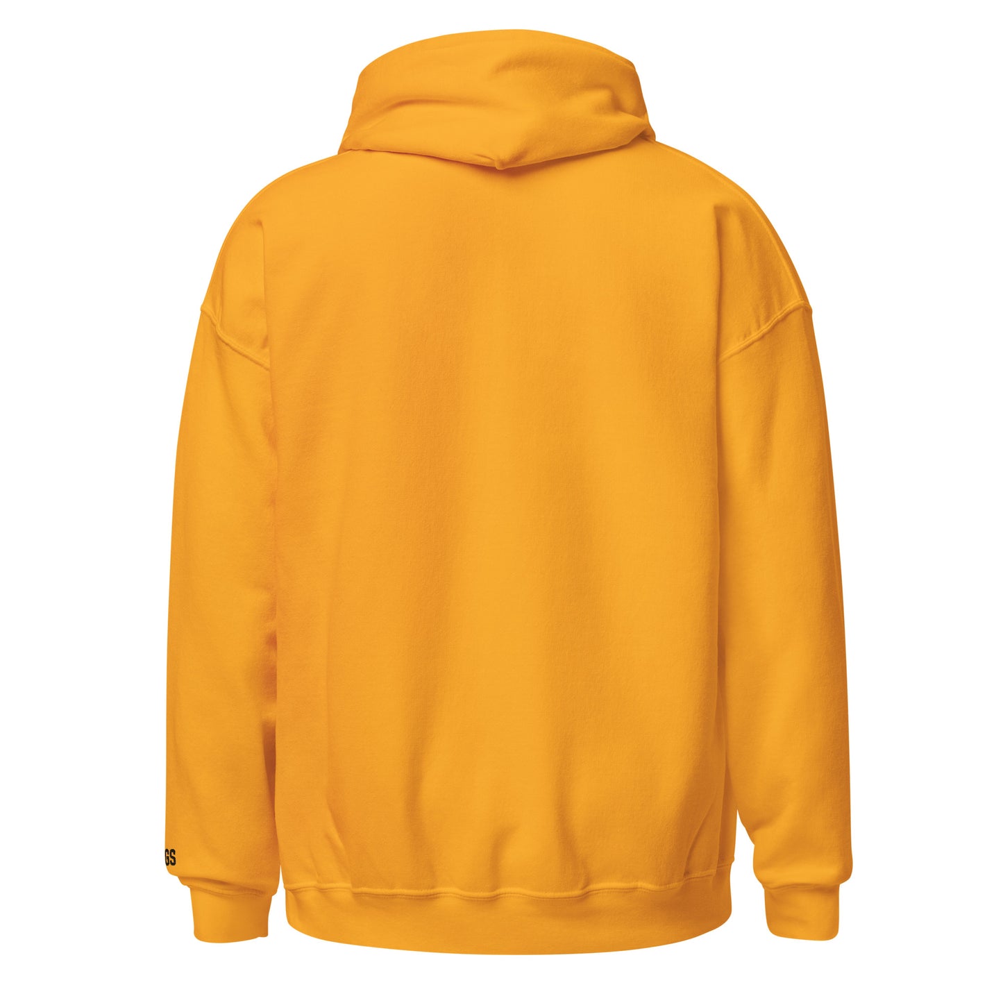 Back view of gold HAGS COMO small logo hoodie, showing plain back and hood.
