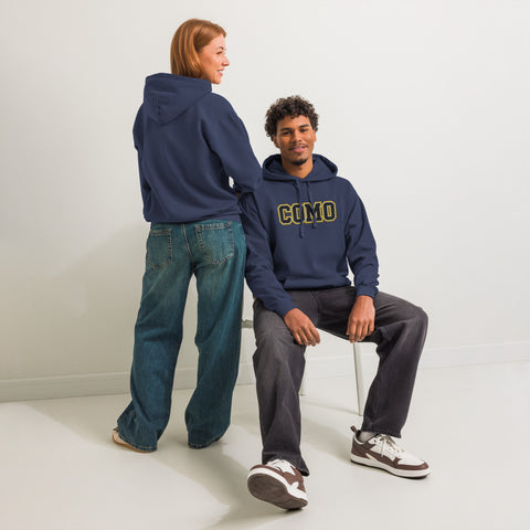 Two models wearing navy HAGS COMO vintage wash hoodies, showing the chest lettering and plain back.