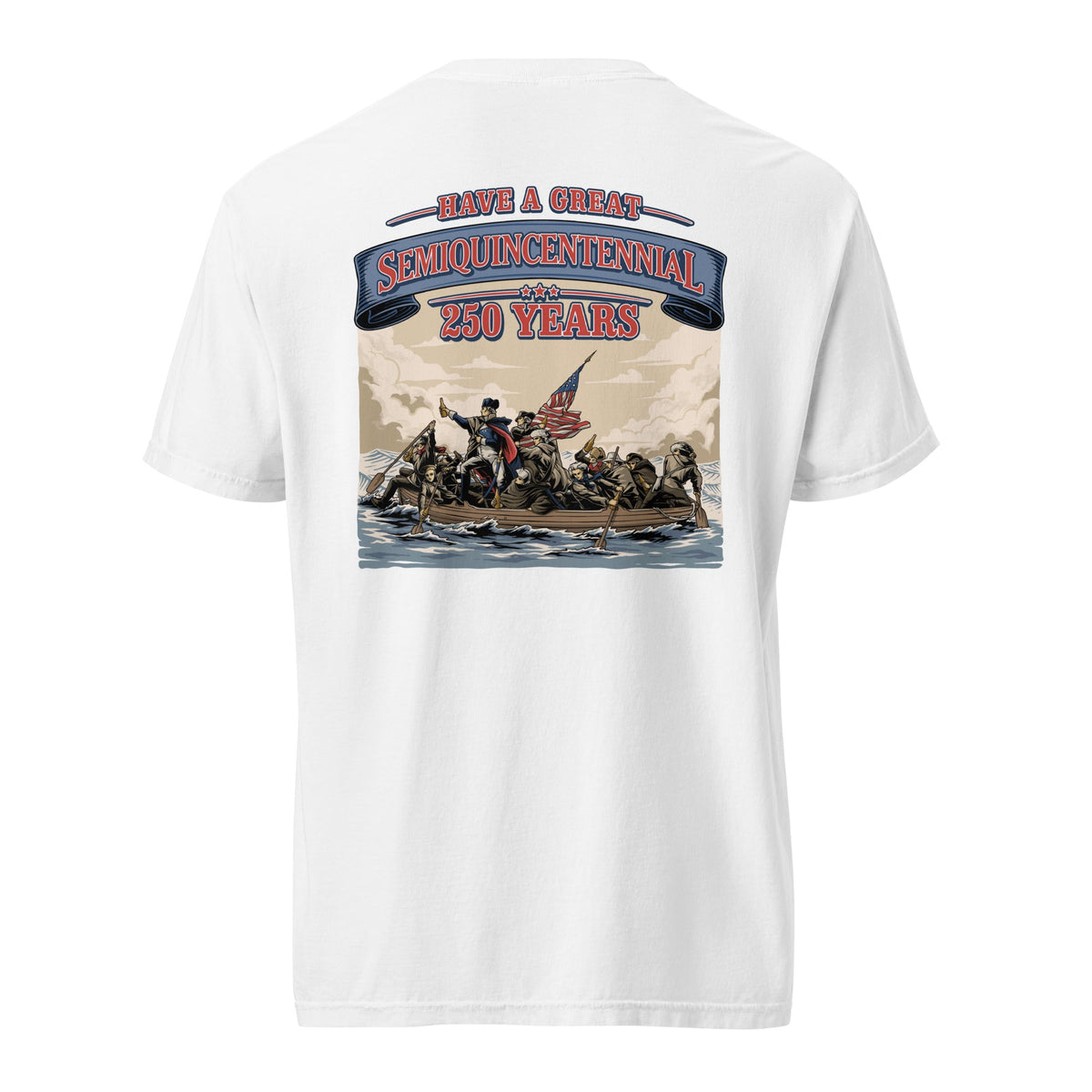Back view of white HAGS Crossing the Delaware Drinking Beers T-shirt, showing a Crossing the Delaware beer-themed illustration.