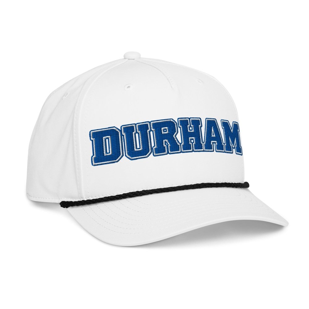 Opposite angled front view of white HAGS Durham North Carolina rope hat, showing blue DURHAM lettering.