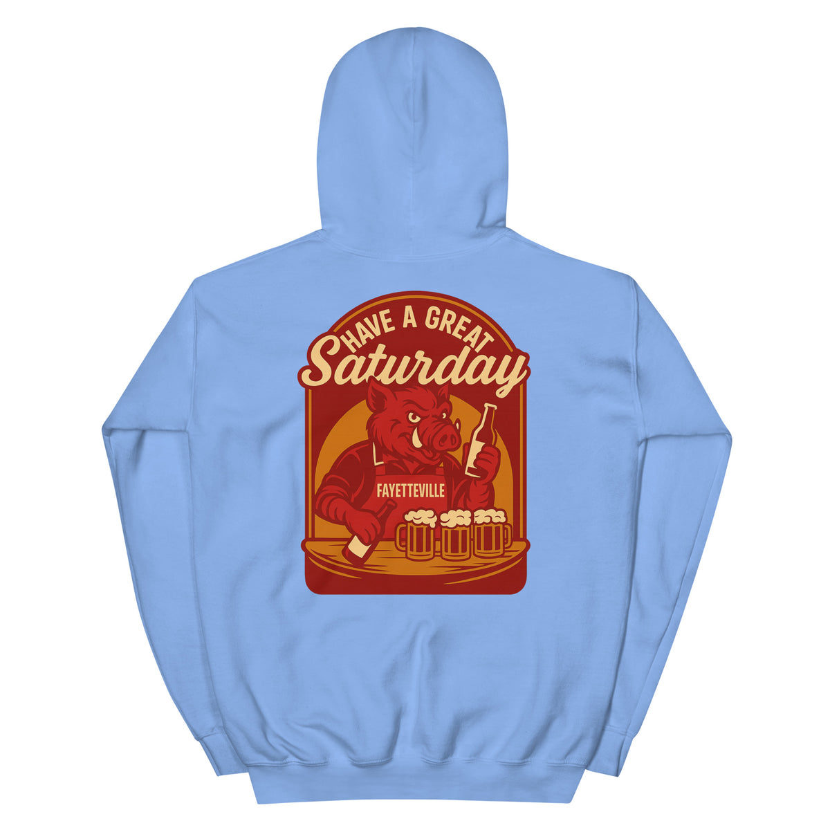 Back view of carolina blue HAGS Fayetteville Arkansas bartender hoodie, showing red "Have a Great Saturday" hog bartender graphic.