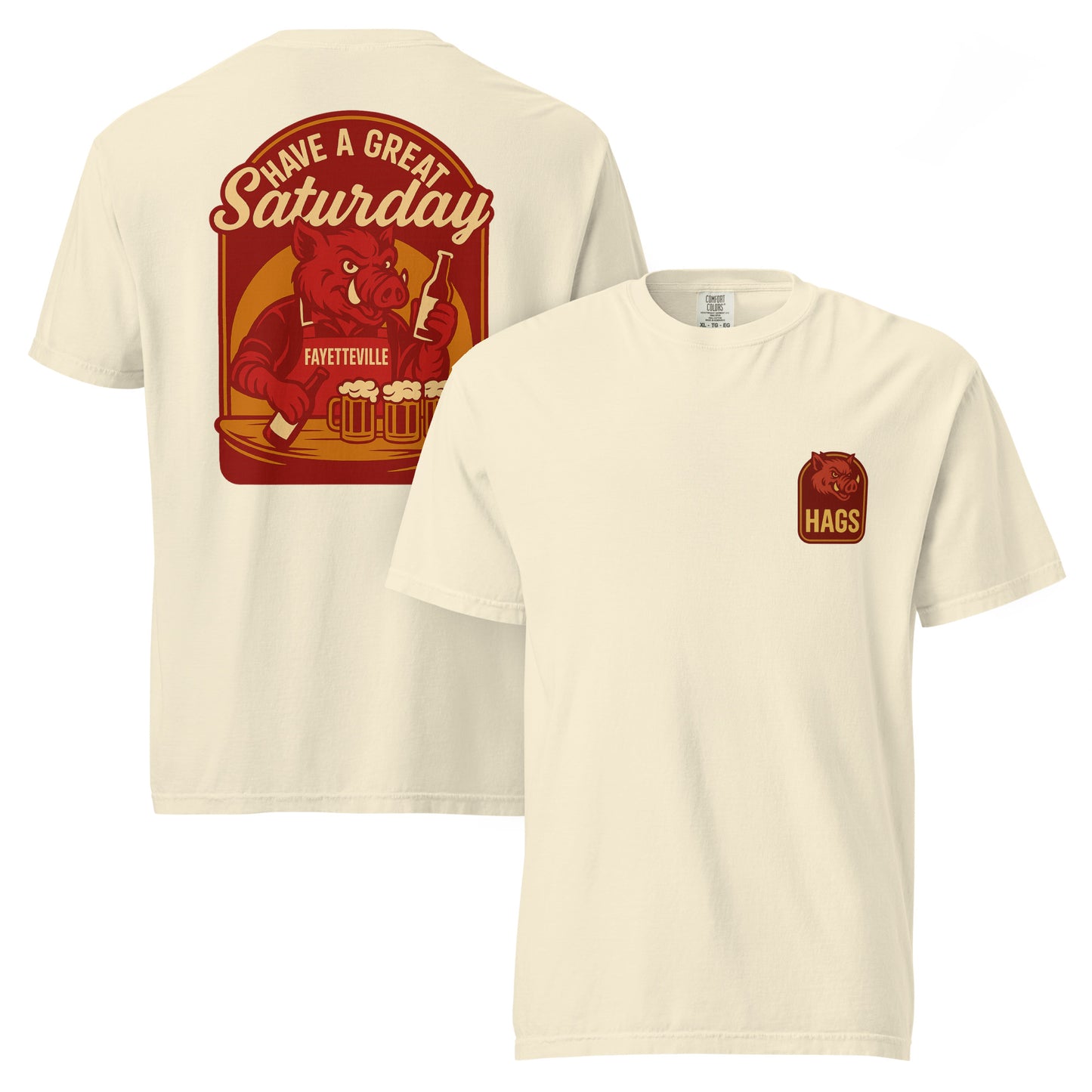 Front and back views of ivory HAGS Fayetteville Arkansas bartender T-shirt, showing small HAGS chest graphic and red "Have a Great Saturday" hog bartender graphic.