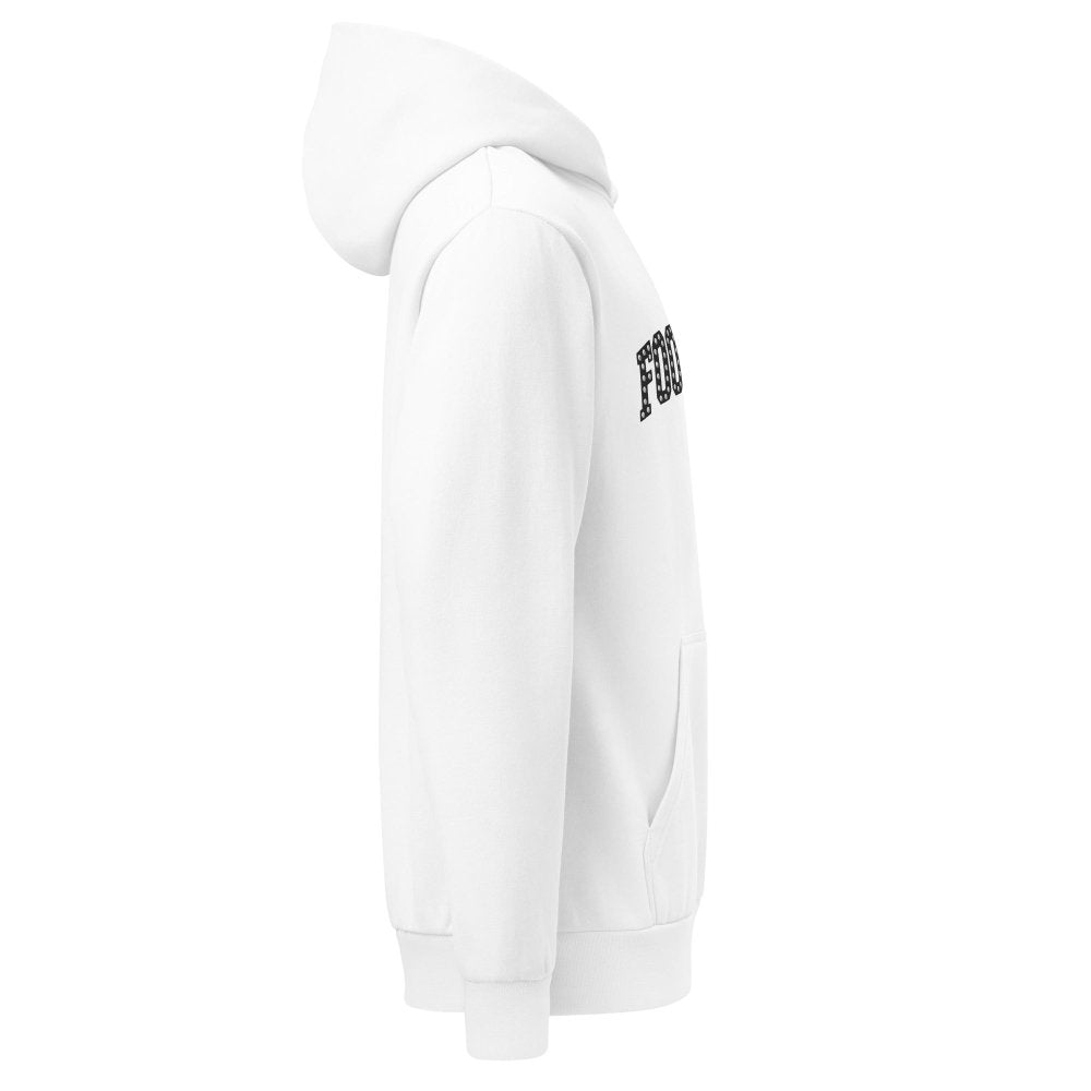 Right-side view of white HAGS Football polka dot hoodie.