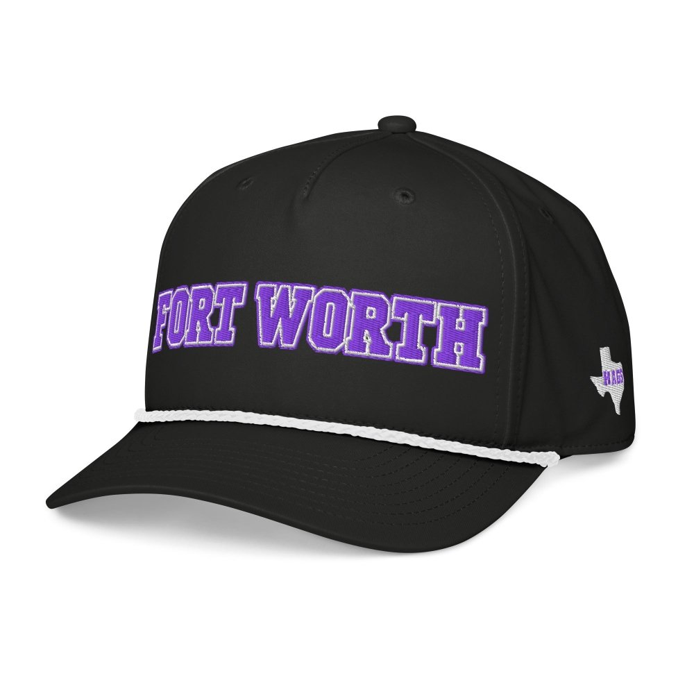Angled front view of black HAGS Fort Worth Texas rope hat, showing purple FORT WORTH lettering and contrasting rope.