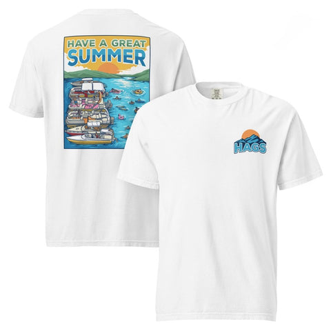 Front and back views of white HAGS Have a Great Summer tied-up boats T-shirt, showing small HAGS sunset chest logo and boats tied together on blue water.