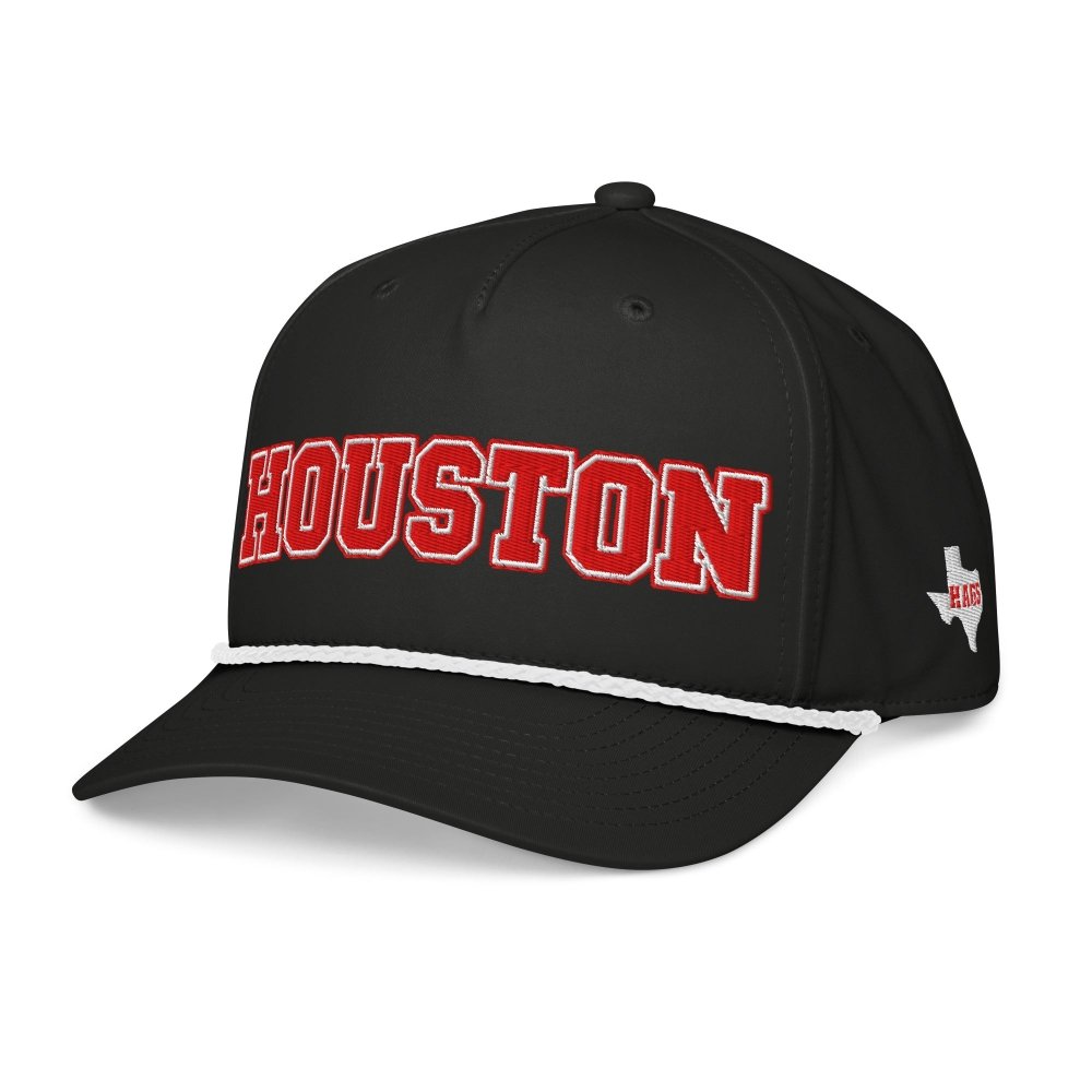 Angled front view of black HAGS Houston Texas rope hat, showing red HOUSTON lettering and contrasting rope.