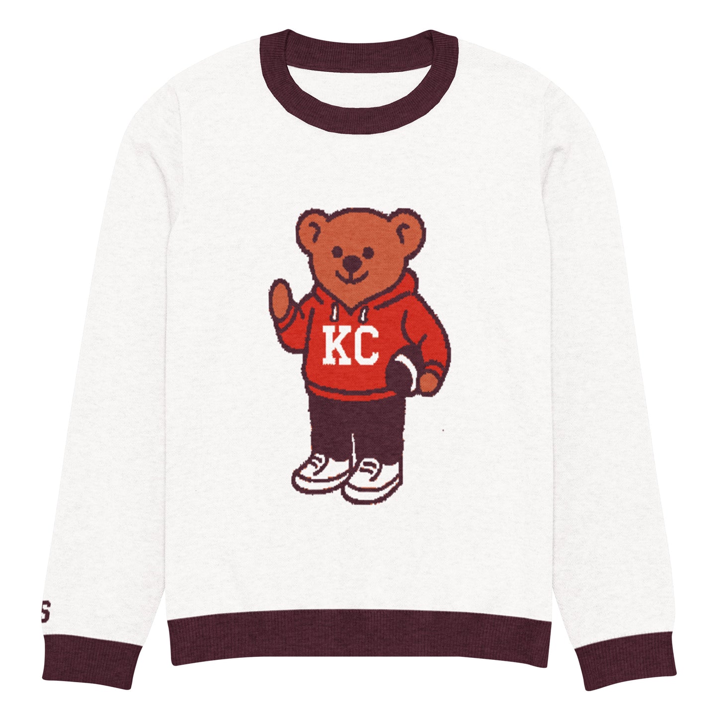 Front view of white and burgundy HAGS Kansas City KC bear knit sweater, showing a bear in a red KC football sweater and burgundy trim.