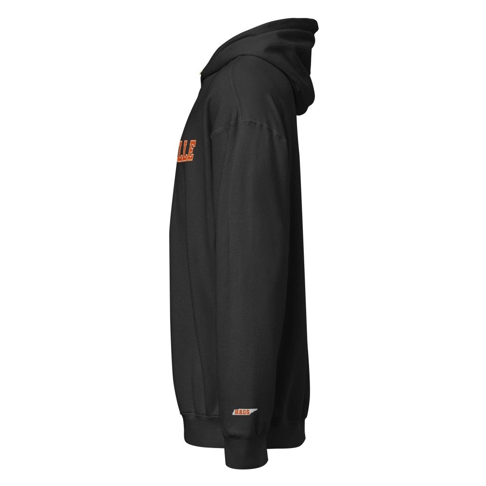 Left-side view of black HAGS Knoxville Tennessee embroidered hoodie.