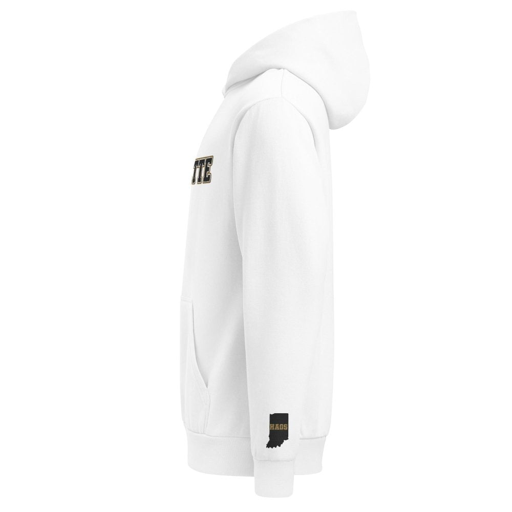 Left-side view of white HAGS Lafayette Indiana hoodie.