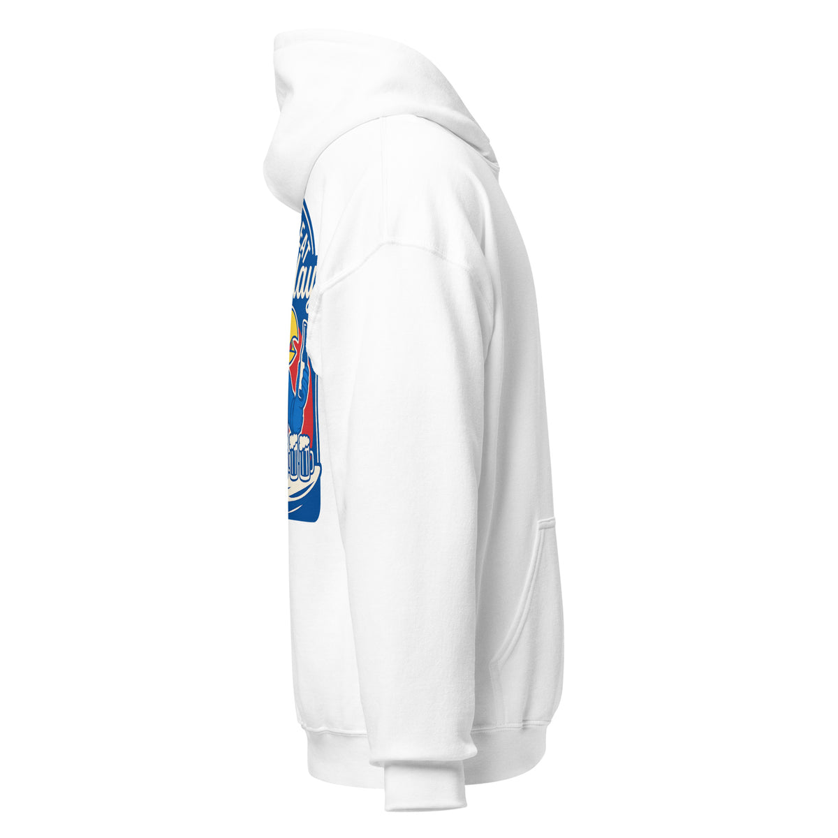 Right-side view of white HAGS Lawrence Kansas bartender hoodie.