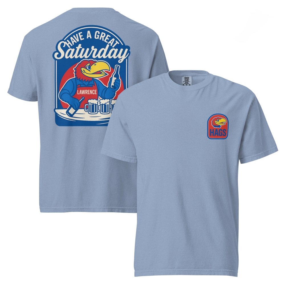 Front and back views of washed blue HAGS Lawrence Kansas bartender T-shirt, showing small bird chest graphic and blue "Have a Great Saturday" bird bartender graphic.