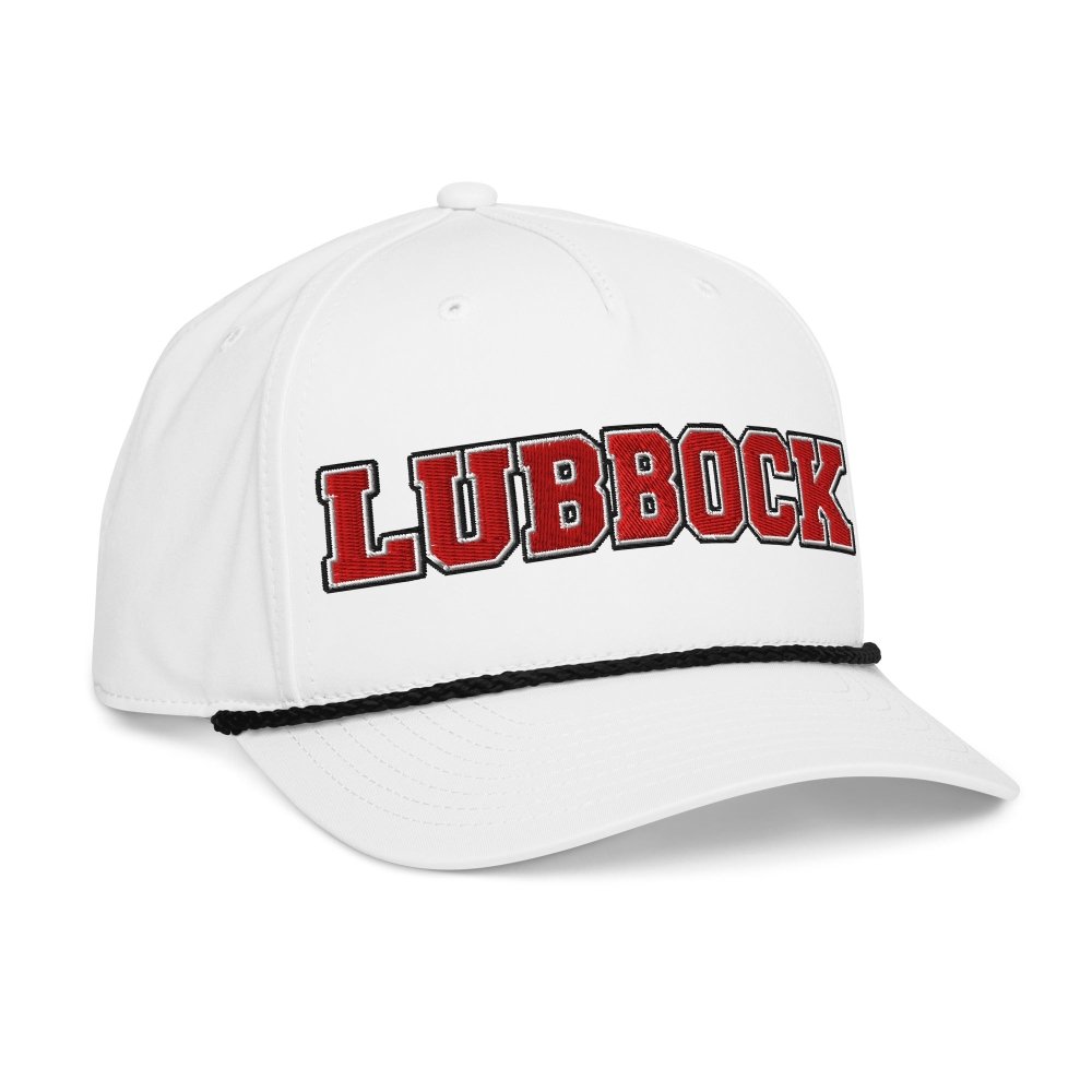 Opposite angled front view of white HAGS Lubbock Texas rope hat, showing red LUBBOCK lettering and contrasting rope.