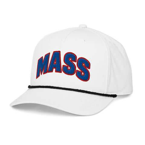 Angled front view of white black HAGS Mass Street Lawrence Kansas rope hat, showing blue and red MASS lettering and contrasting rope.