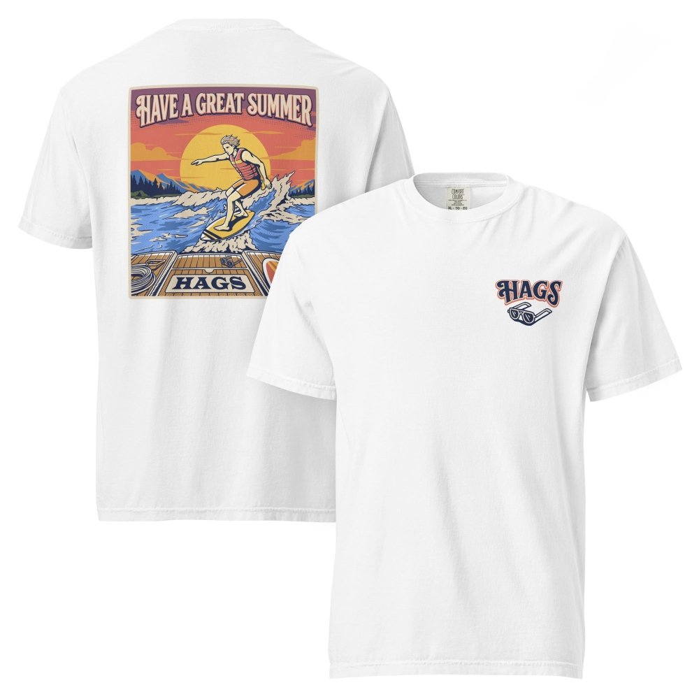 Front and back views of white HAGS mens wakesurf T-shirt, showing small HAGS chest logo and a wakesurfer riding in front of a sunset.