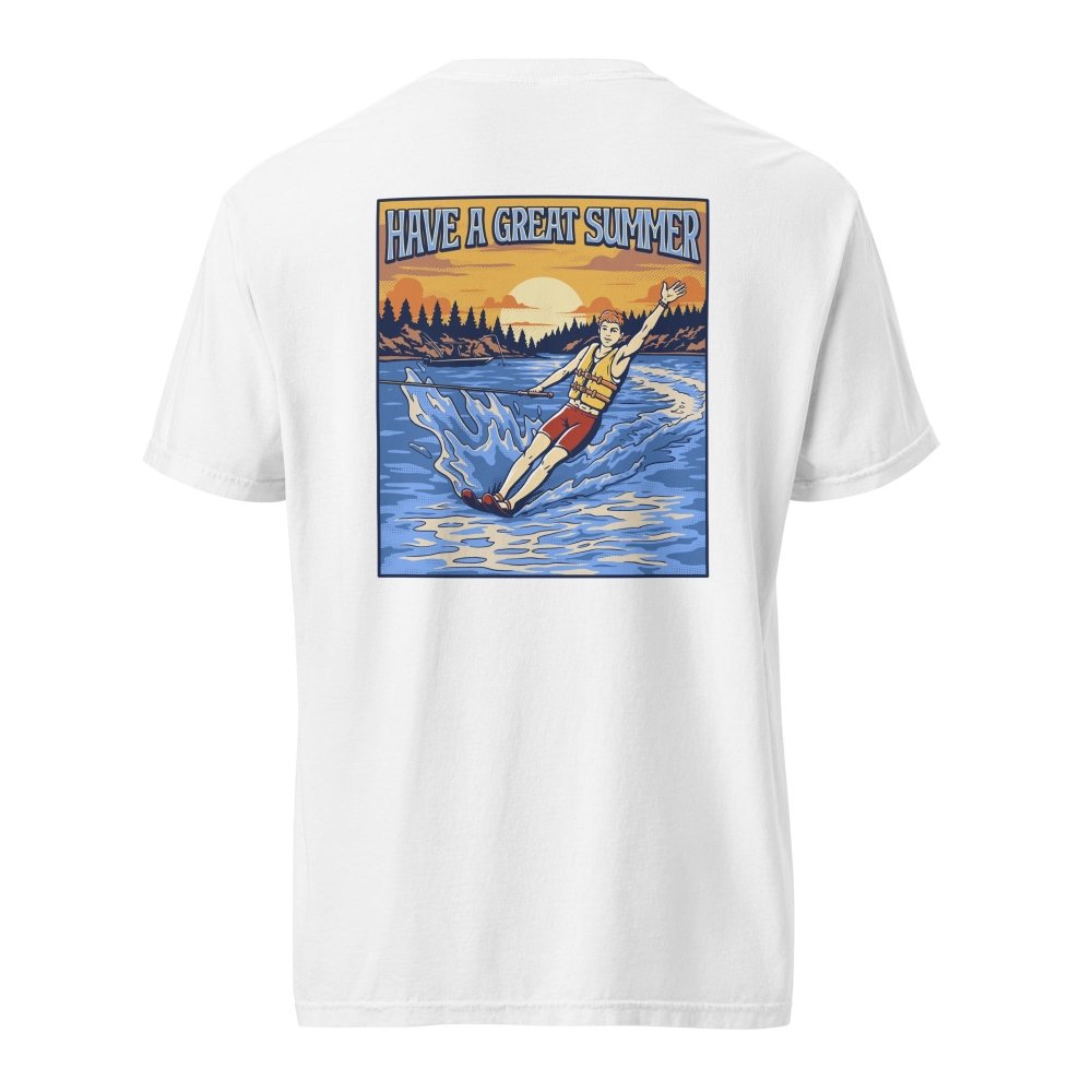 Back view of white HAGS mens waterskiing T-shirt, showing a waterskier and sunset graphic.