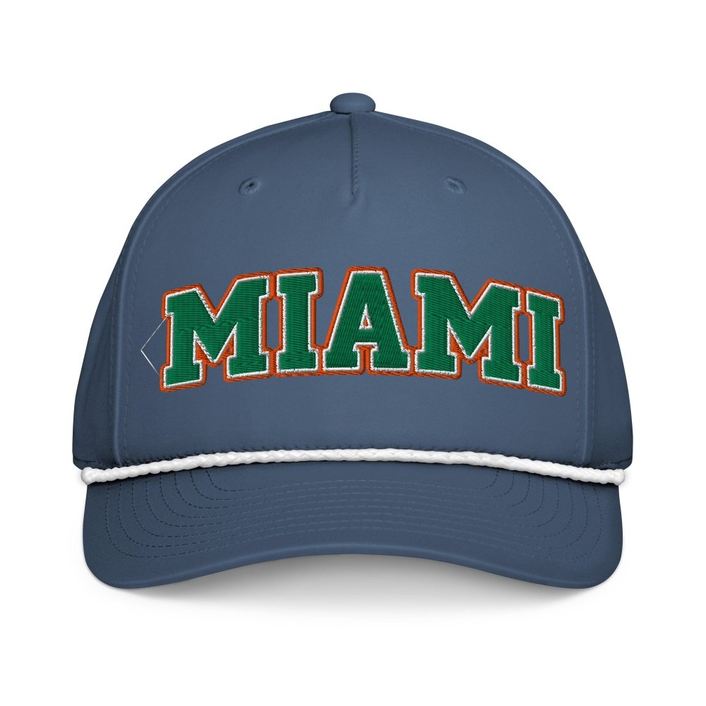 Front view of navy HAGS Miami Florida green-letter rope hat, showing green and orange MIAMI lettering.