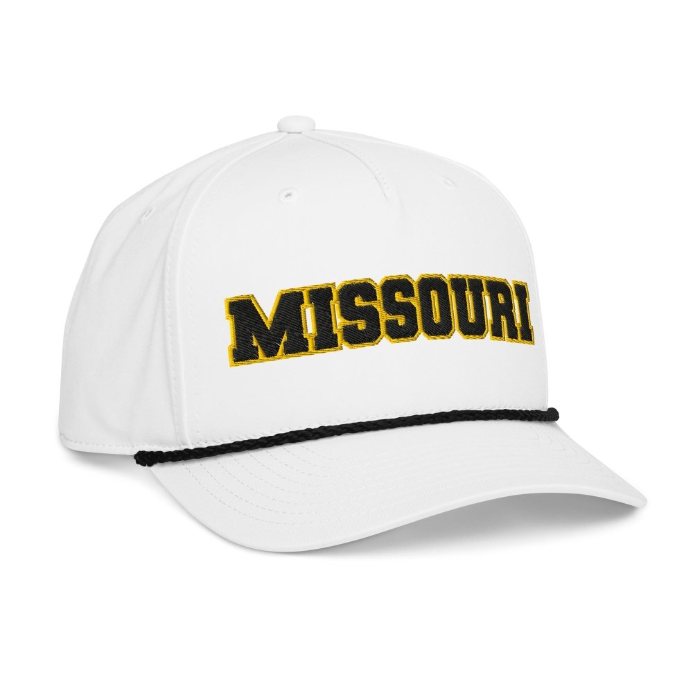 Opposite angled front view of white HAGS Missouri collegiate rope hat, showing black and gold MISSOURI lettering and black rope.