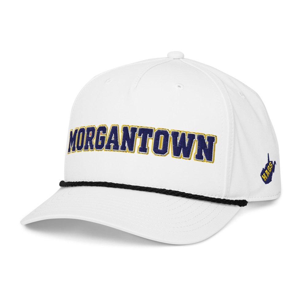 Angled front view of white HAGS Morgantown West Virginia rope hat, showing navy and gold MORGANTOWN lettering and contrasting rope.