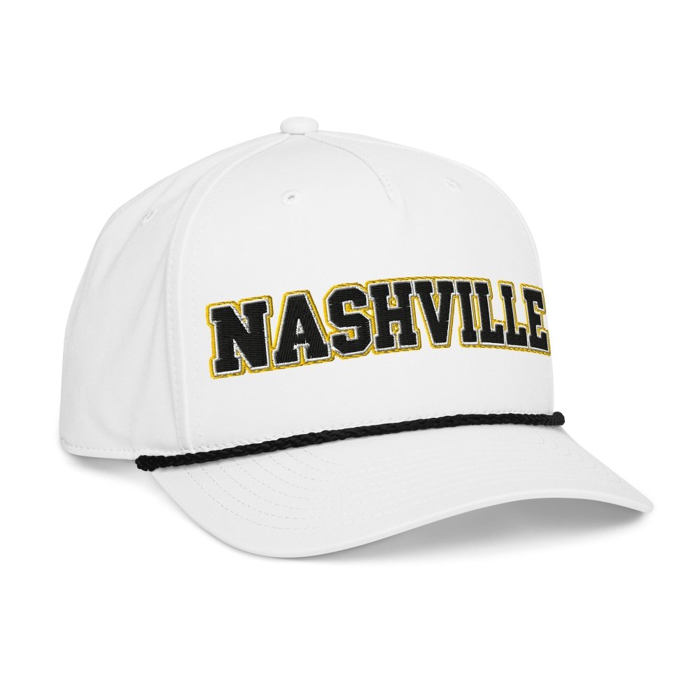 Opposite angled front view of white HAGS Nashville Tennessee rope hat, showing black and gold NASHVILLE lettering and contrasting rope.