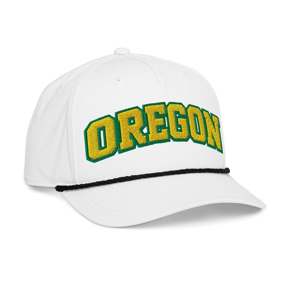 Opposite angled front view of white HAGS Oregon rope hat, showing green and yellow OREGON lettering.