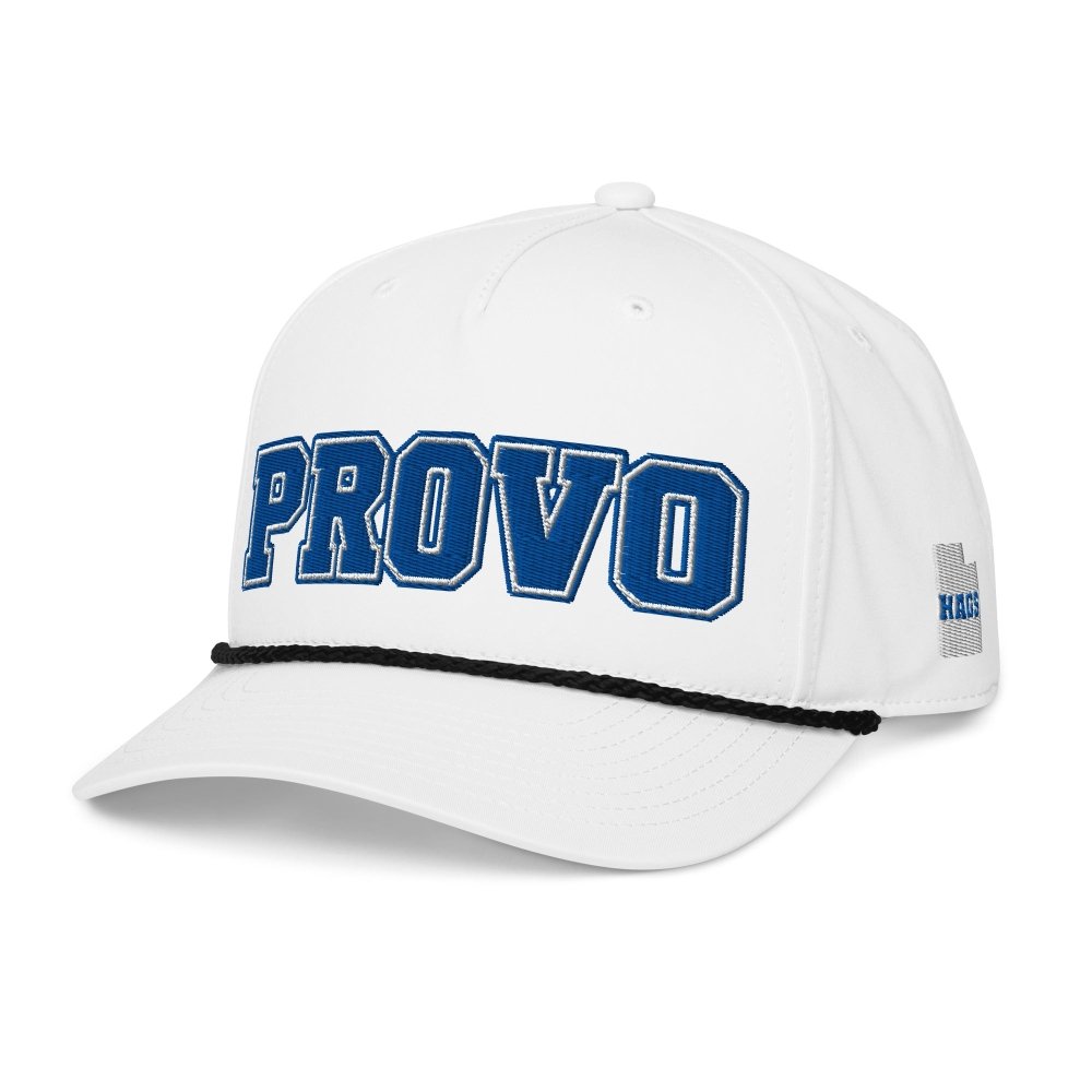 Angled front view of white HAGS Provo Utah rope hat, showing blue PROVO lettering and contrasting rope.