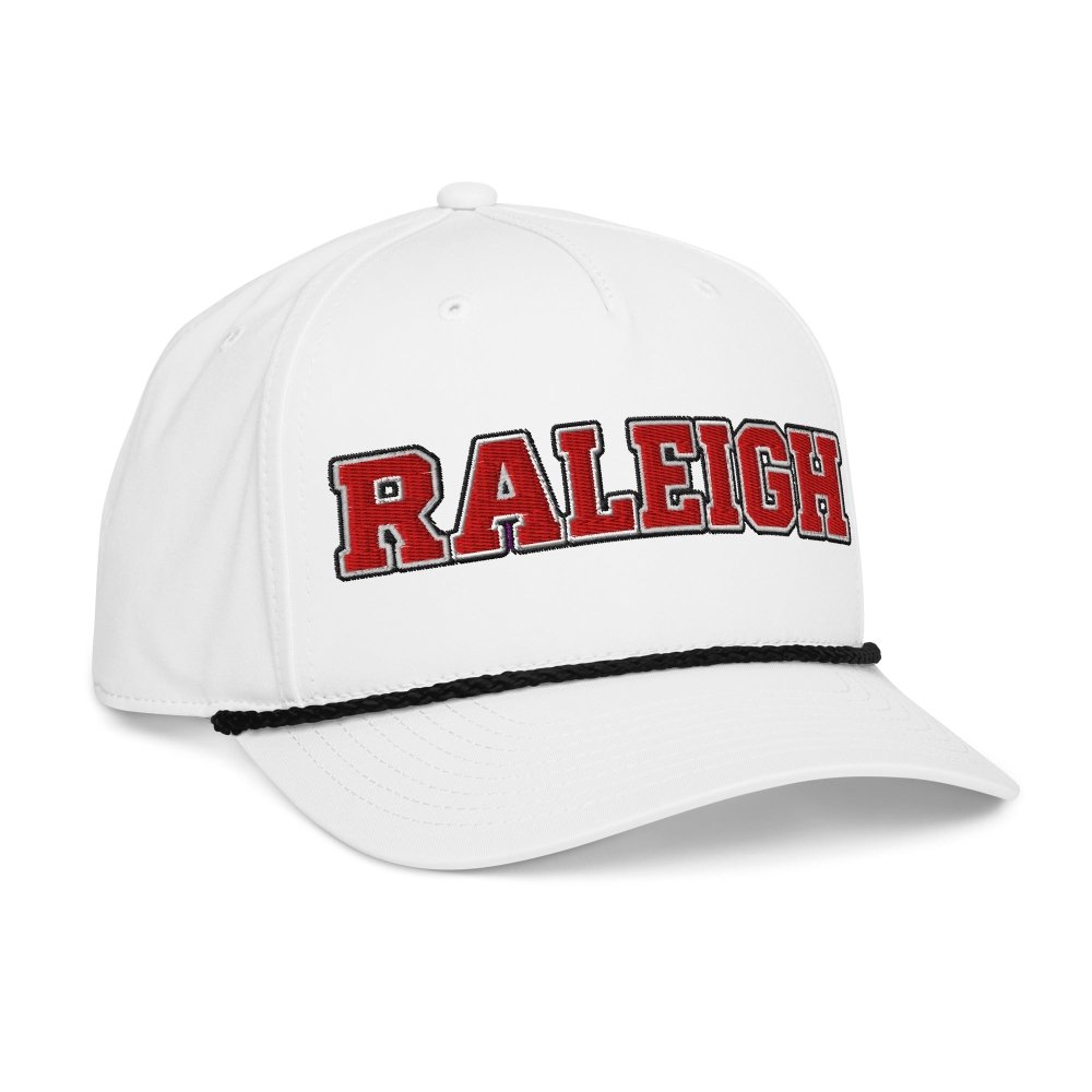 Opposite angled front view of white HAGS Raleigh North Carolina rope hat, showing red RALEIGH lettering.