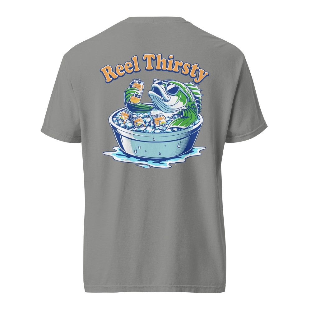 Back view of gray HAGS Reel Thirsty fishing T-shirt, showing Reel Thirsty lettering and a fish in an ice bucket.