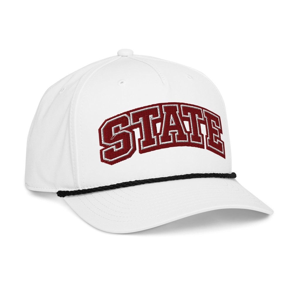 Opposite angled front view of white HAGS State collegiate rope hat, showing maroon and white STATE lettering.