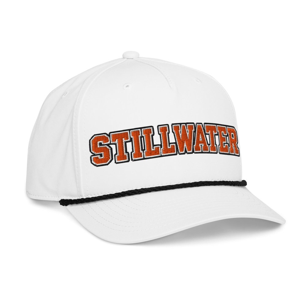 Opposite angled front view of white HAGS Stillwater Oklahoma rope hat, showing orange STILLWATER lettering and contrasting rope.