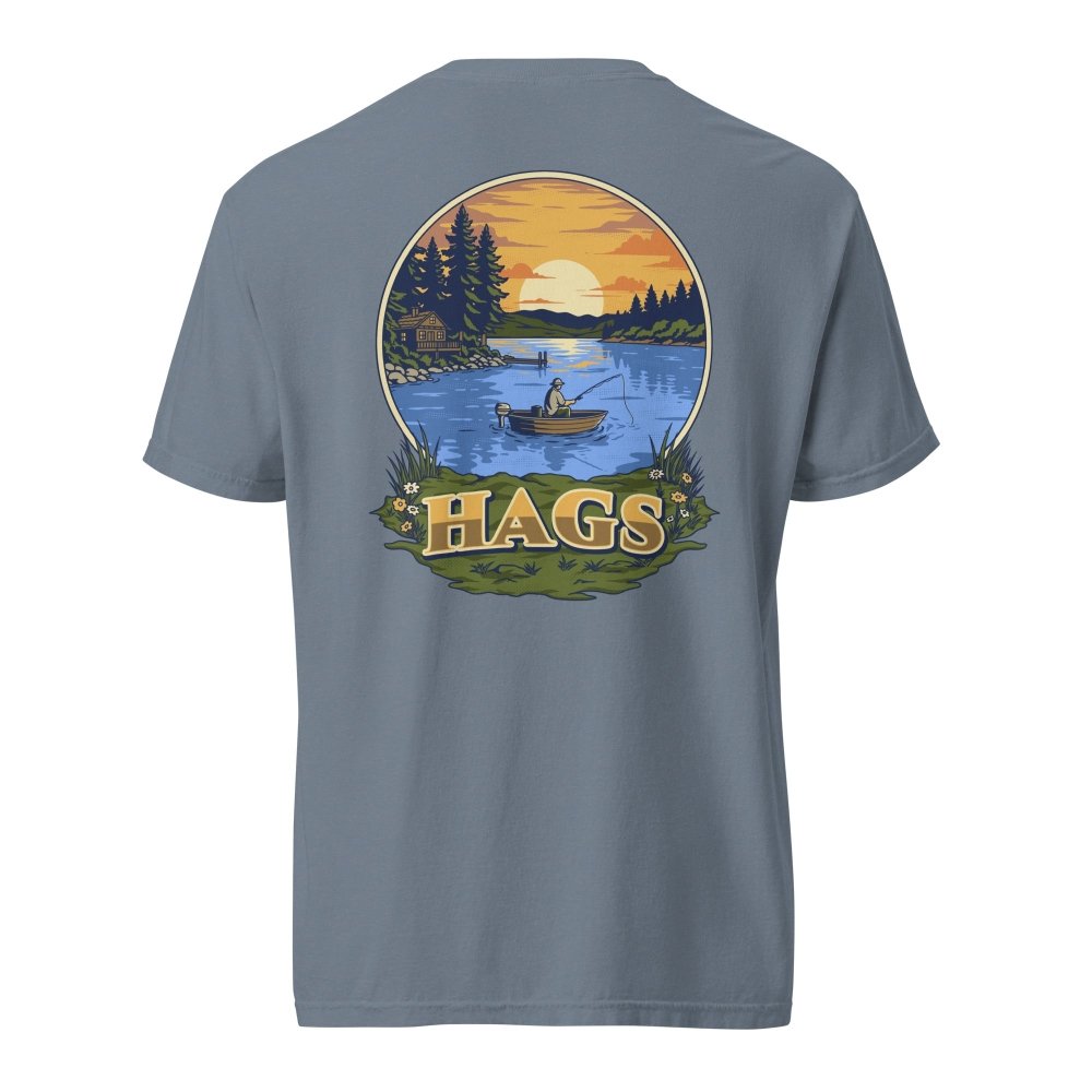 Back view of blue gray HAGS sunset fishing T-shirt, showing a sunset lake fishing illustration.