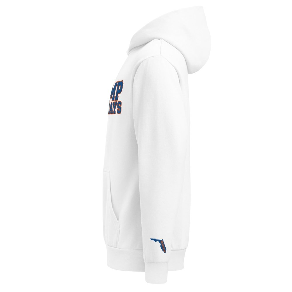 Left-side view of white HAGS Swamp Saturdays Florida hoodie.