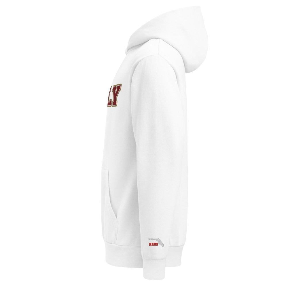 Left-side view of white HAGS Tallahassee Florida TALLY hoodie.