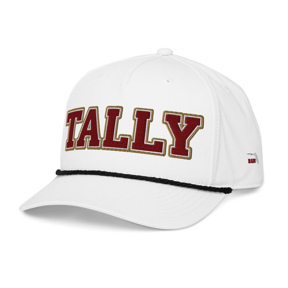 Angled front view of white HAGS Tallahassee Florida TALLY rope hat, showing maroon and gold TALLY lettering.