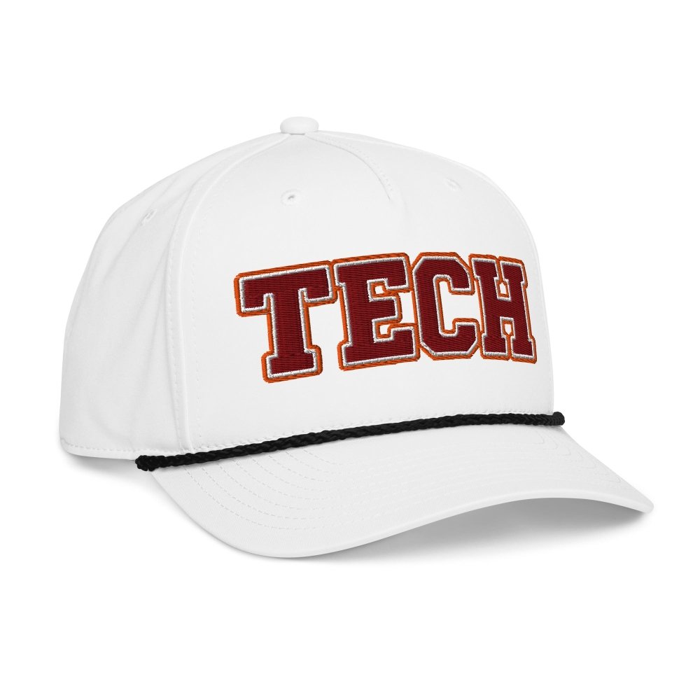 Opposite angled front view of white HAGS Tech maroon and gold rope hat, showing maroon and gold TECH lettering.