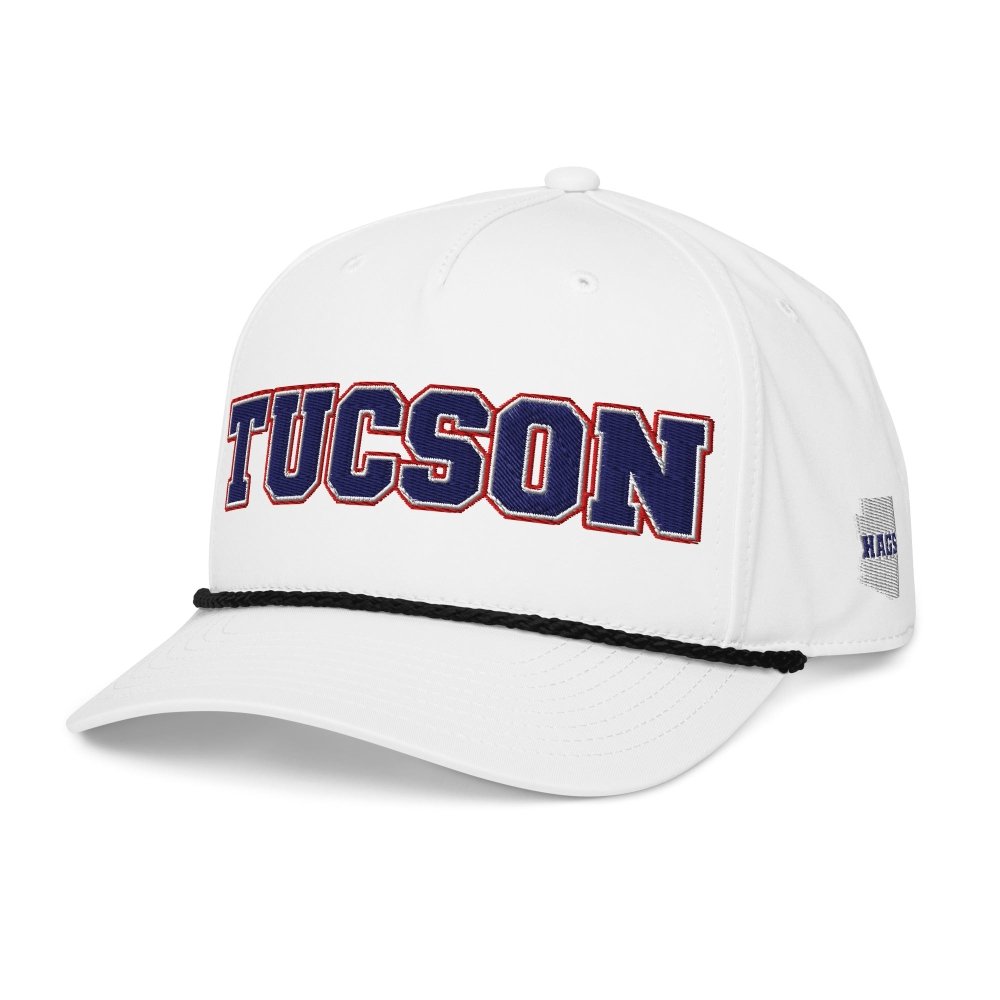 Angled front view of white HAGS Tucson Arizona rope hat, showing navy and red TUCSON lettering and contrasting rope.