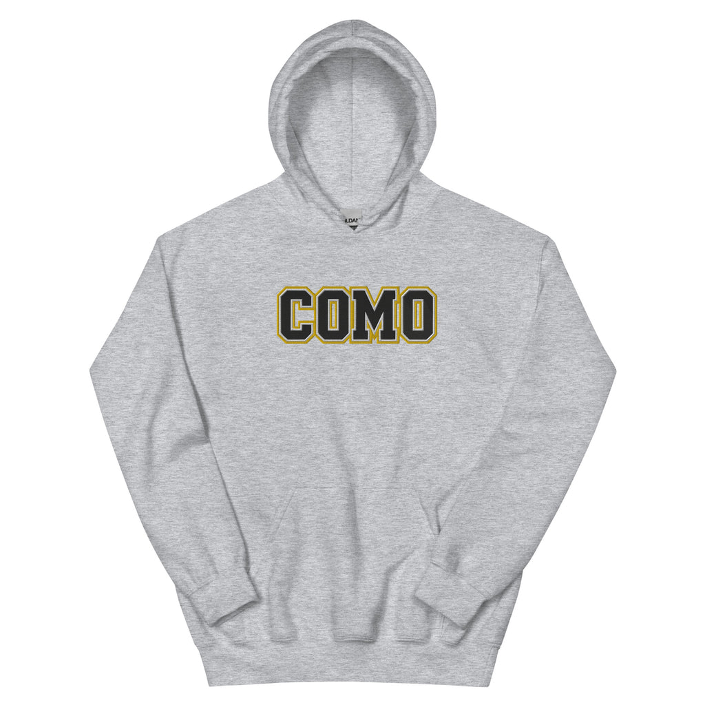 HAGS COMO Embroidered Hoodie gray front view with varsity block logo embroidery
