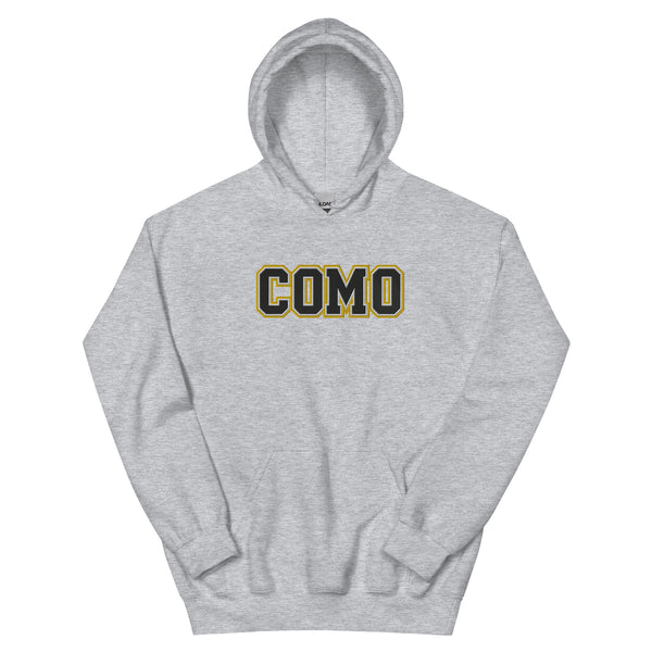 HAGS COMO Embroidered Hoodie gray front view with varsity block logo embroidery
