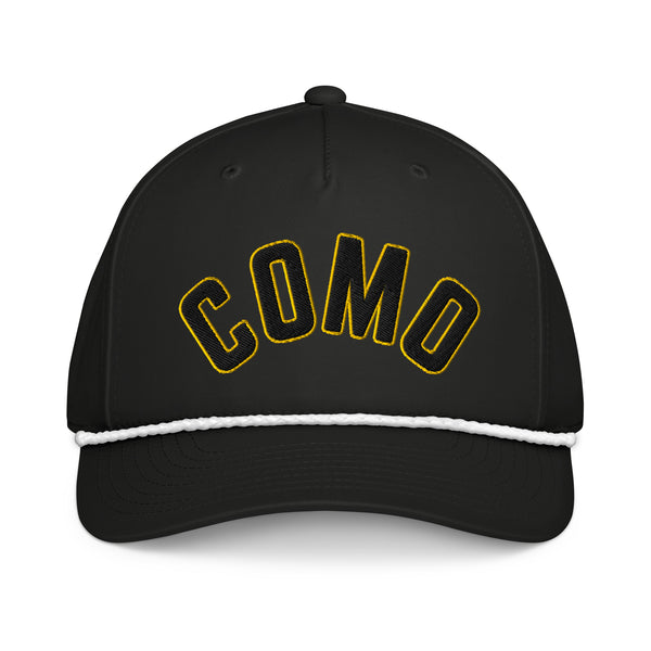3D Puff Embroidered COMO Rope Hat front view with raised gold lettering on black