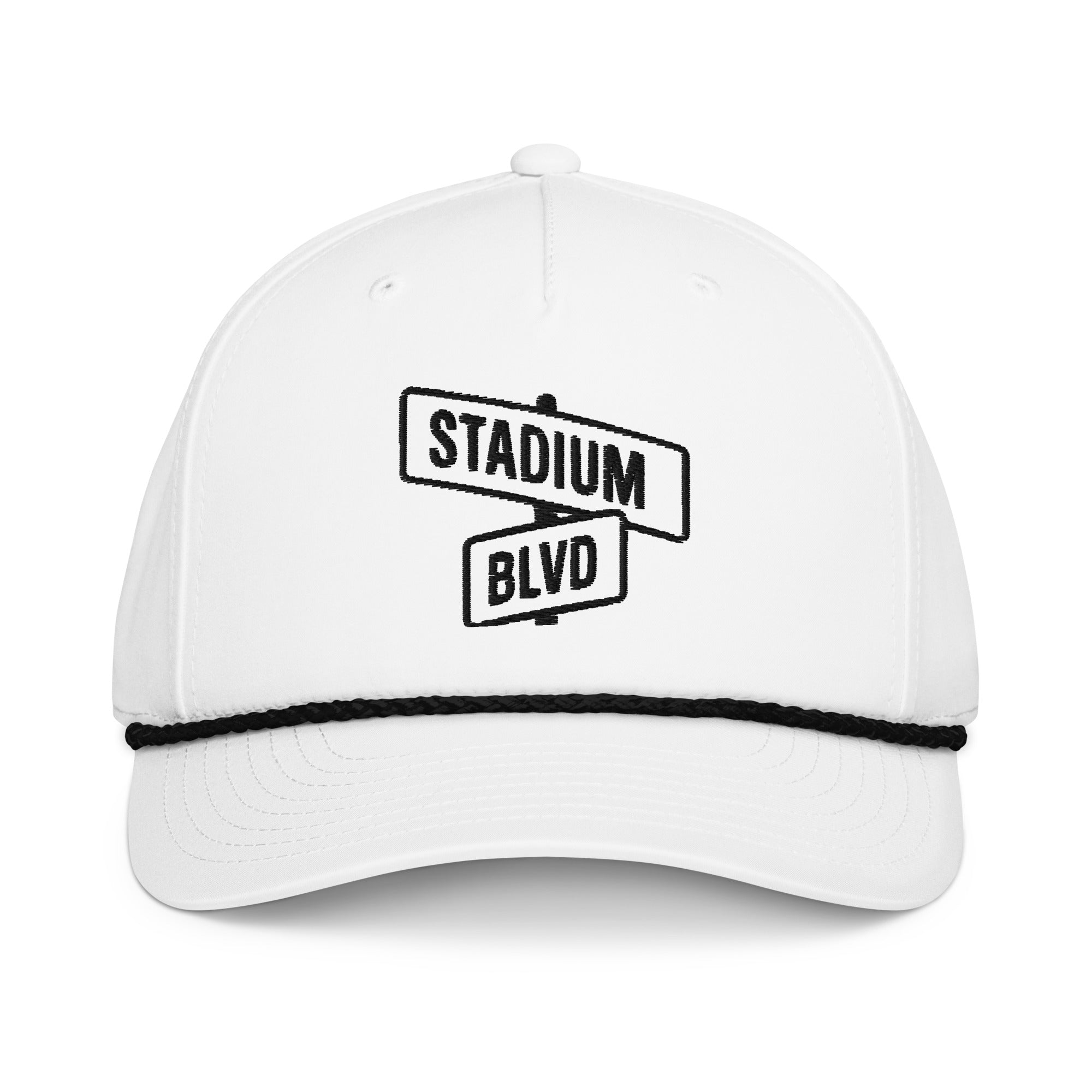 White Stadium Blvd rope hat with street sign graphic