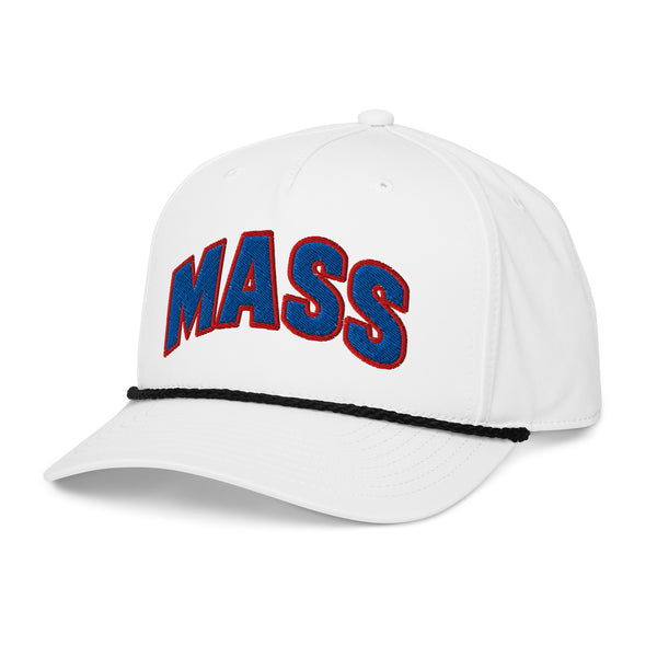 Mass Street Rope Hat side view with bold red embroidered lettering inspired by Lawrence, Kansas