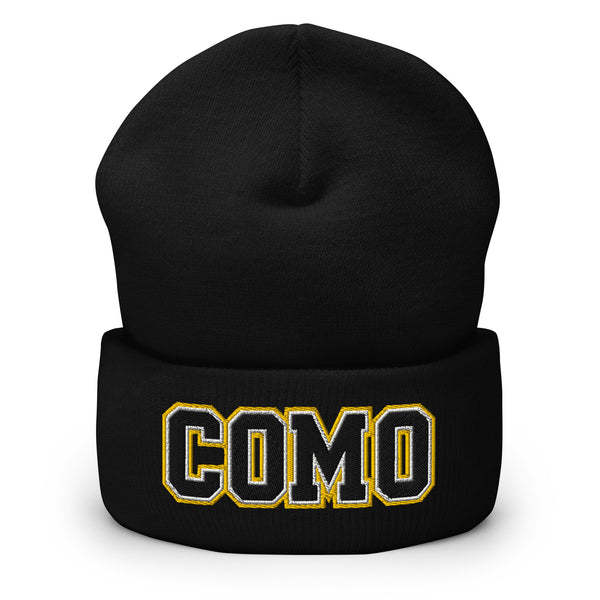 COMO Embroidered Cuffed Beanie in black with gold varsity COMO logo, front view